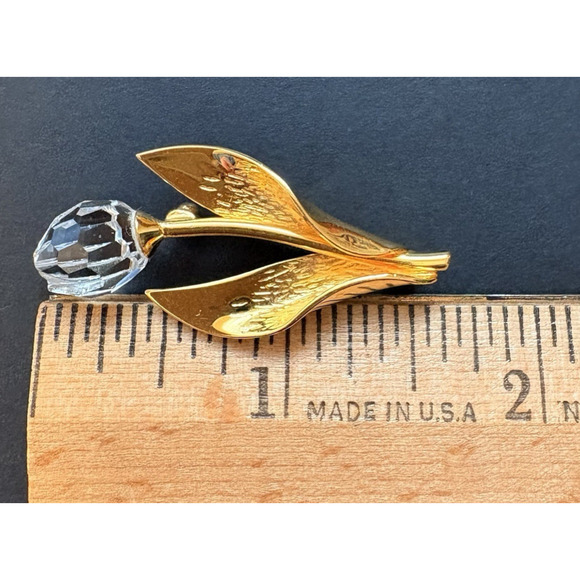 Vintage Swarovski Crystal Gold Tone Tulip Flower Pin Brooch Swan Signed 1.6" - Picture 6 of 6